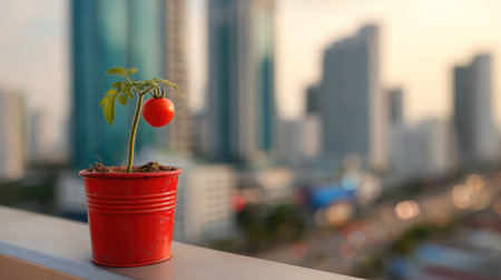 Rooftop garden tomato plant in bucket planter with urban buildings in soft backgroundの素材