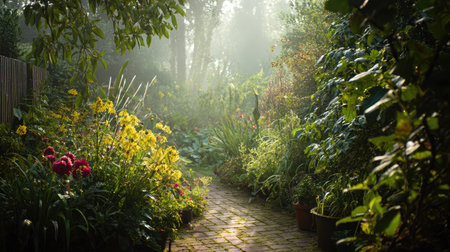Morning light creates a dreamy atmosphere in a peaceful flower-filled front gardenの素材