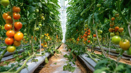 Tomato plant in a greenhouse with rows of plants and hanging fruit, surrounded by humidityの素材