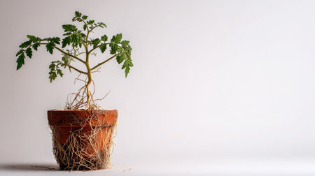 Isolated tomato plant against white background in a small pot showing roots and leavesの素材