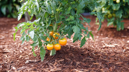 Organic tomato plant with mulch at base and tomatoes in mixed ripeness stagesの素材
