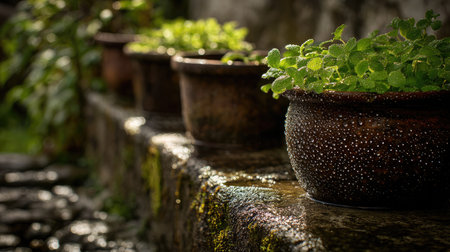 Neatly arranged flower pots on a front step sparkle with dew under gentle morning raysの素材