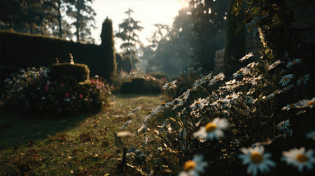 Morning light glows on a peaceful front garden filled with blooming daisies and well-trimmed hedgesの素材