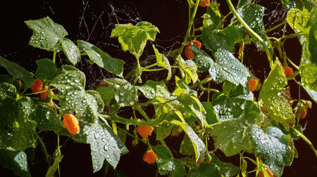 Morning light shining on watermelon vine with dew-covered leaves and early fruitの素材