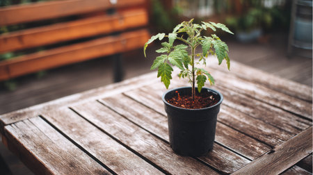 Single tomato plant in a black pot on a wooden table with leaves and small buds visibleの素材