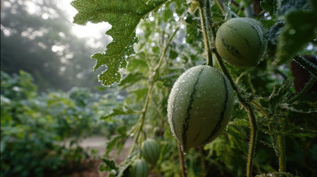 Morning light shining on watermelon vine with dew-covered leaves and early fruitの素材