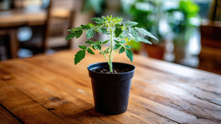 Single tomato plant in a black pot on a wooden table with leaves and small buds visibleの素材
