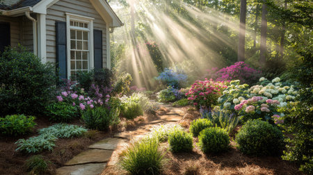 Soft sunbeams highlight flowering shrubs and a quiet pathway in a front yard oasisの素材