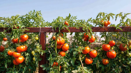 Tomato plants growing along wooden trellis under clear sky, full of vibrant foliageの素材