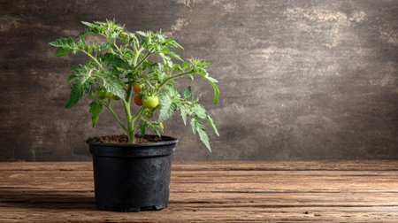 Single tomato plant in a black pot on a wooden table with leaves and small buds visibleの素材
