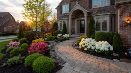 Soft sunbeams highlight flowering shrubs and a quiet pathway in a front yard oasisの素材