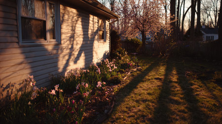 Shadow of a tree falls over a blooming flowerbed in a peaceful front yard during sunriseの素材