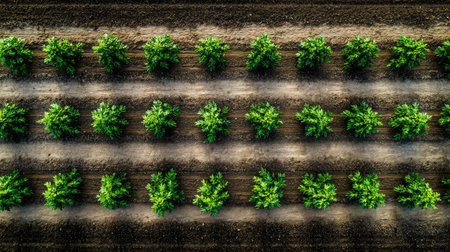 Overview of neat farm rows with watermelon plants spaced for optimal growthの素材