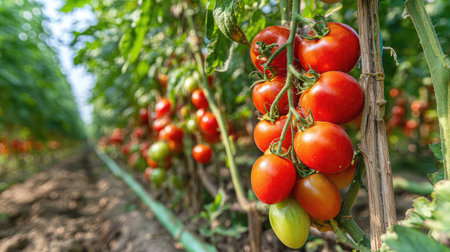 Tomato plants growing along wooden trellis under clear sky, full of vibrant foliageの素材