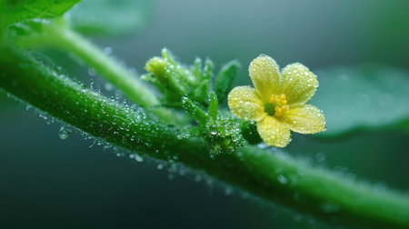 Tiny yellow flower blooming on a watermelon vine, signaling early fruit developmentの素材
