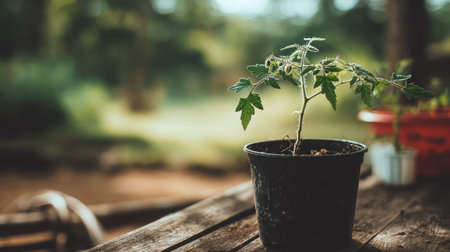 Single tomato plant in a black pot on a wooden table with leaves and small buds visibleの素材