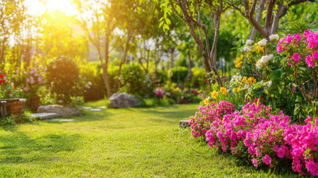 Neatly manicured lawn with a patch of vibrant flowers soaking in morning sunlightの素材