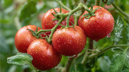 Ripe tomato cluster hanging from a healthy vine with water droplets on the skinの素材