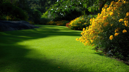 Neatly manicured lawn with a patch of vibrant flowers soaking in morning sunlightの素材