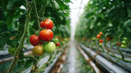 Tomato plant in a greenhouse with rows of plants and hanging fruit, surrounded by humidityの素材