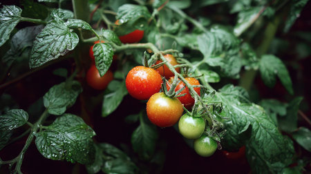 Mature tomato plant in bloom with different stages of fruit growth from green to redの素材