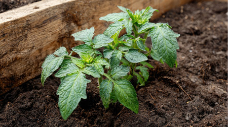 Tomato plant growing in a raised garden bed with rich soil and healthy green vinesの素材