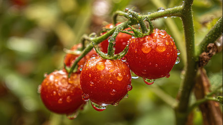 Ripe tomato cluster hanging from a healthy vine with water droplets on the skinの素材