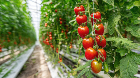 Tomato plant in a greenhouse with rows of plants and hanging fruit, surrounded by humidityの素材