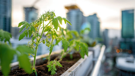 Rooftop garden tomato plant in bucket planter with urban buildings in soft backgroundの素材