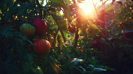 Sunlight shining through the leaves of a tomato plant filled with red and yellow tomatoes in a gardenの素材