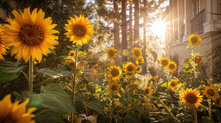 Warm sunlight glows through tall sunflowers in a well-kept front yard near a country homeの素材