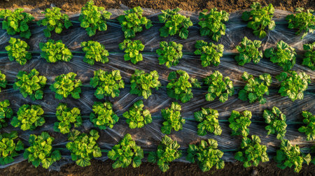Watermelon growing in plastic mulch row with vine extending in organized patternの素材