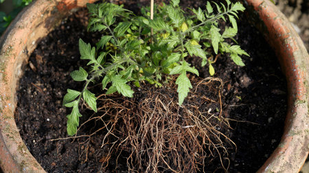 Top view of a tomato plant in full bloom in a large ceramic pot with visible roots and mulchの素材
