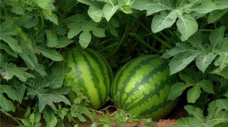 Watermelon fruit on the vine with smooth green skin and soil dust beneath dense leavesの素材