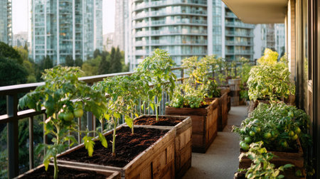 Wide shot of urban balcony garden with tomato plants in containers filled with compostの素材