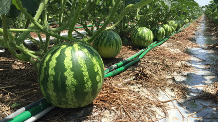 Watermelon growing near irrigation hose with mulch and support around developing fruitの素材
