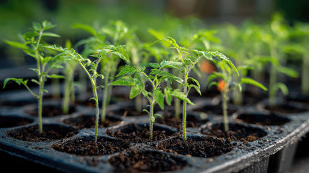 Young tomato plants arranged in starter trays with moist soil and fresh green shootsの素材