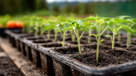 Young tomato plants arranged in starter trays with moist soil and fresh green shootsの素材