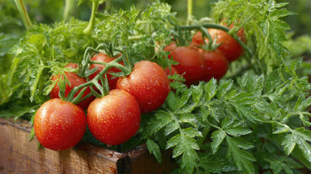 Tomato vine spilling over garden box with lush green stems and several red tomatoesの素材