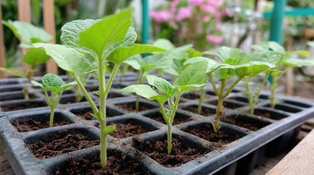 Young watermelon plants sprouting from seedling tray in greenhouse environmentの素材
