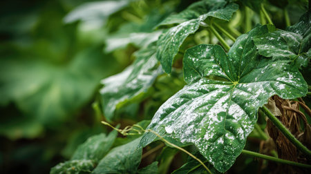 Watermelon leaves with white powdery mildew in natural garden settingの素材