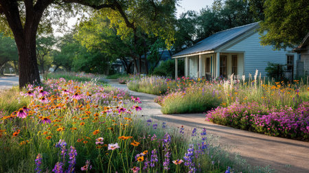 Wildflower border around the front yard walks glows brightly in early morning sunlightの素材