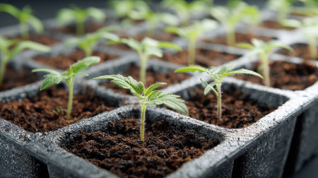 Young tomato plants arranged in starter trays with moist soil and fresh green shootsの素材