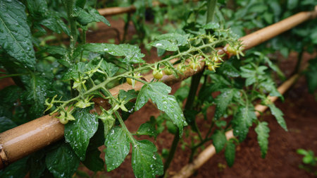 Tomato vine curling around bamboo support with small tomatoes forming along stemの素材