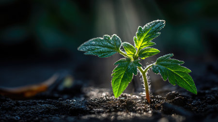 Young tomato seedling emerging from moist soil in a garden setting with strong natural lightingの素材