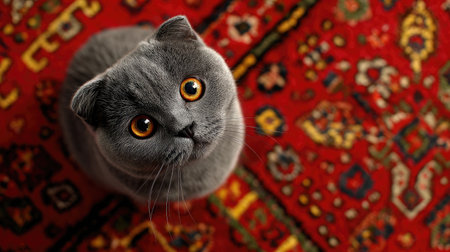 Adorable cat looking up with bright eyes as it sits on a fluffy rugの素材