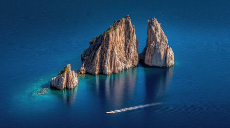 A lone dolphin glides past a sunken rock formation in deep blue seaの素材