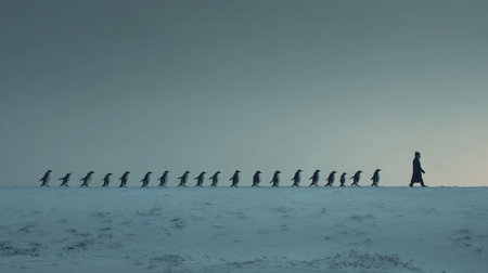 A line of penguins walking single file across the snow-covered landscapeの素材