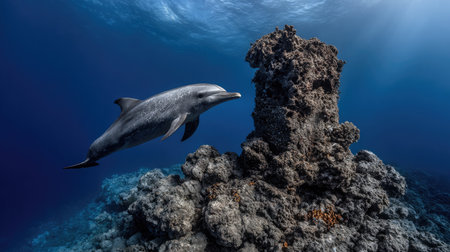 A lone dolphin glides past a sunken rock formation in deep blue seaの素材