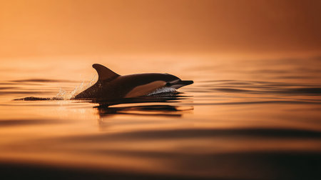 A dolphin's dorsal fin slices through calm ocean waters during a serene sunriseの素材